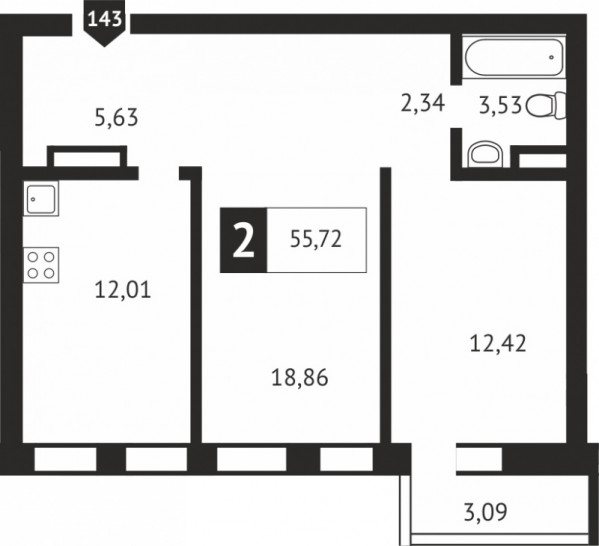Двухкомнатная квартира 55.7 м²