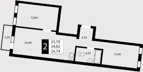 Двухкомнатная квартира 54.74 м²