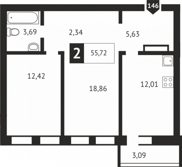Двухкомнатная квартира 55.7 м²