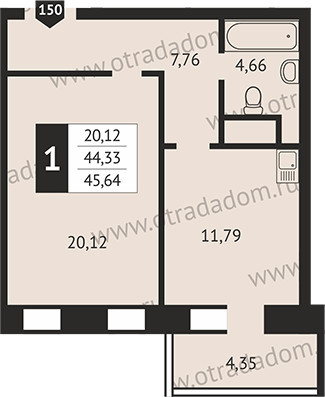 Однокомнатная квартира 44.4 м²