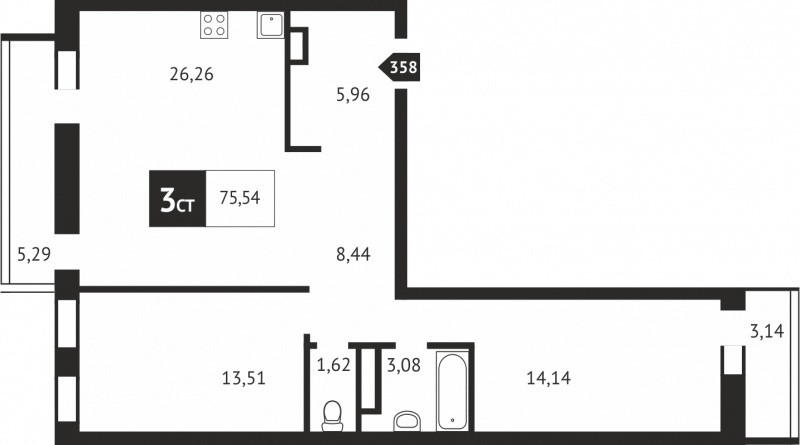 Трёхкомнатная квартира 103 м²