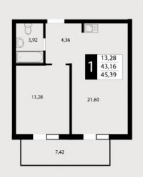 Однокомнатная квартира 45.4 м²