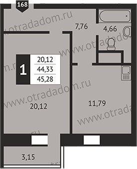 Однокомнатная квартира 44.4 м²