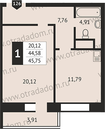 Однокомнатная квартира 44.6 м²