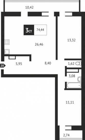 Трёхкомнатная квартира 74.4 м²