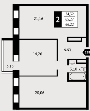 Двухкомнатная квартира 62.4 м²