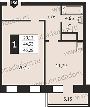 Однокомнатная квартира 44.4 м²