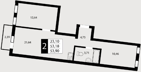 Двухкомнатная квартира 53.9 м²