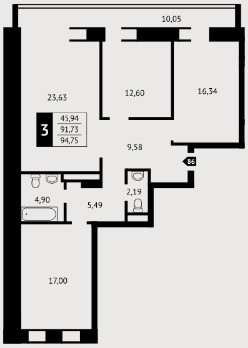Трёхкомнатная квартира 91.7 м²