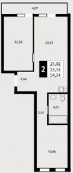 Двухкомнатная квартира 54.54 м²