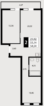 Двухкомнатная квартира 54.54 м²