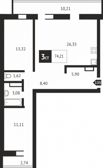 Трёхкомнатная квартира 74.2 м²