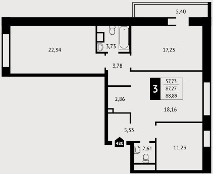 Трёхкомнатная квартира 87.6 м²
