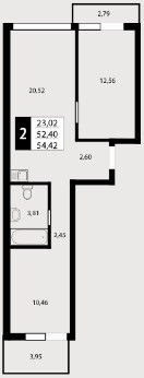Двухкомнатная квартира 54.4 м²