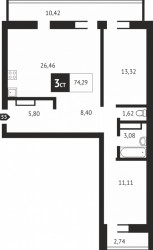 Трёхкомнатная квартира 74.3 м²